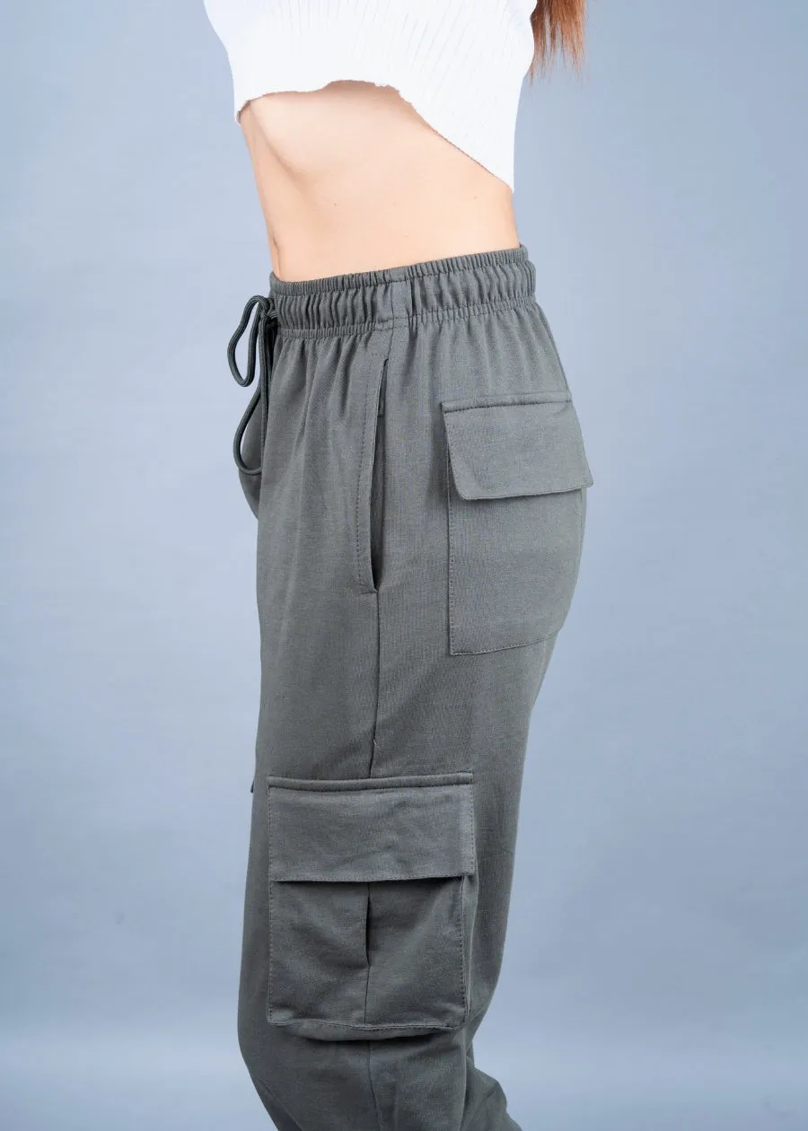 Women Premium Terry Cargo Pants - Olive Green